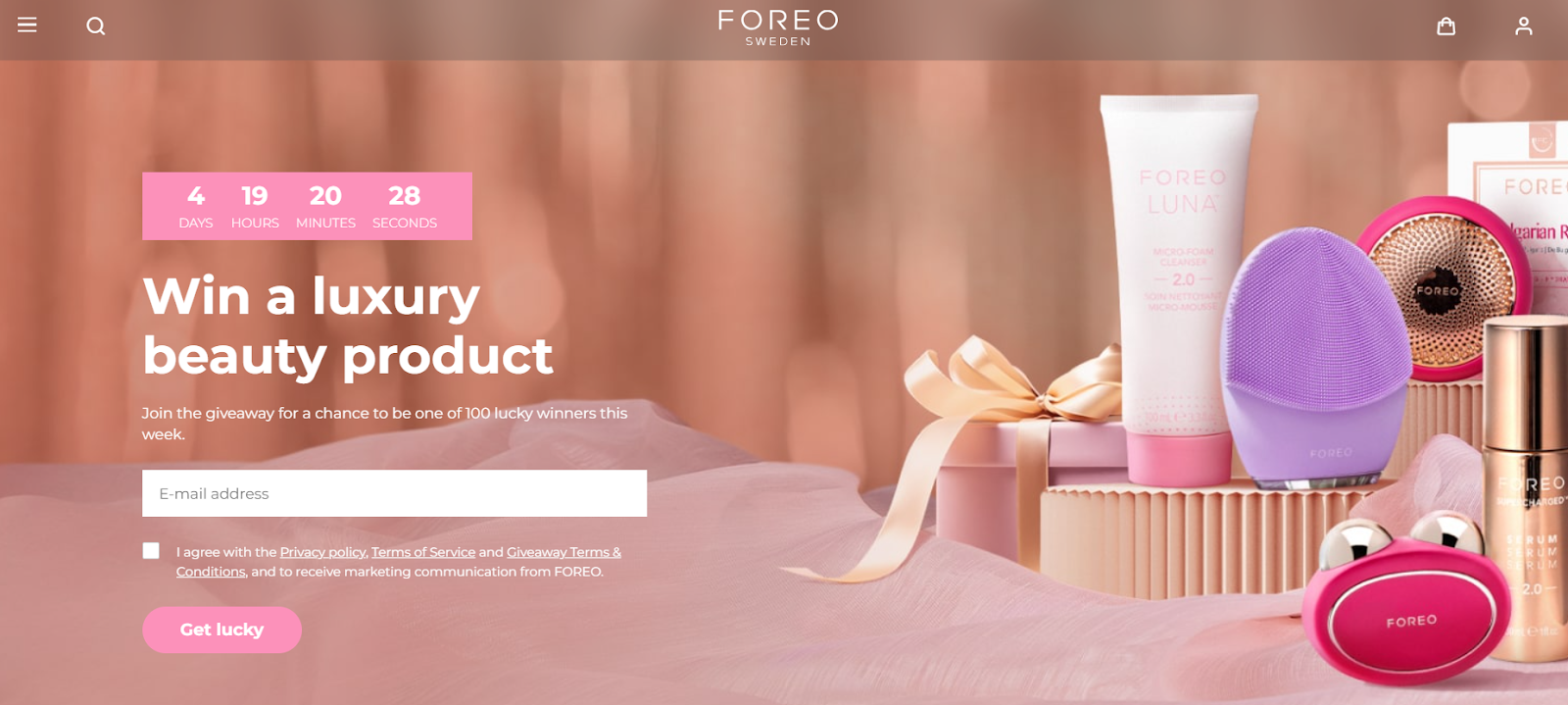 Foreo giveaway page featuring luxury beauty products, countdown timer, and email entry form for a chance to win weekly prizes.